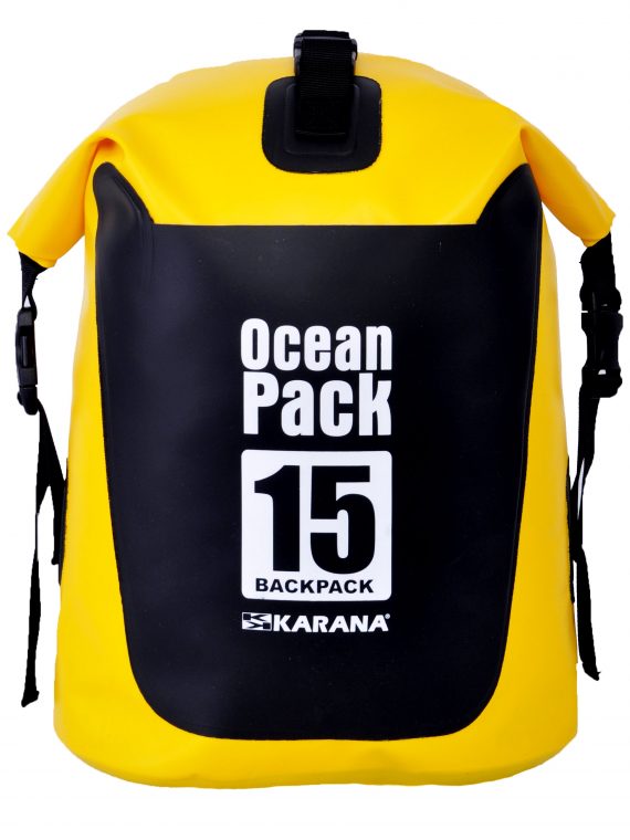 Ocean Pack back pack dry bag by Karana, front side, 15 liters, yellow