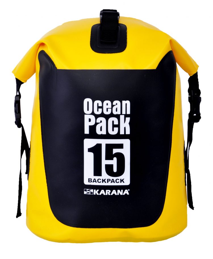 Ocean Pack back pack dry bag by Karana, front side, 15 liters, yellow